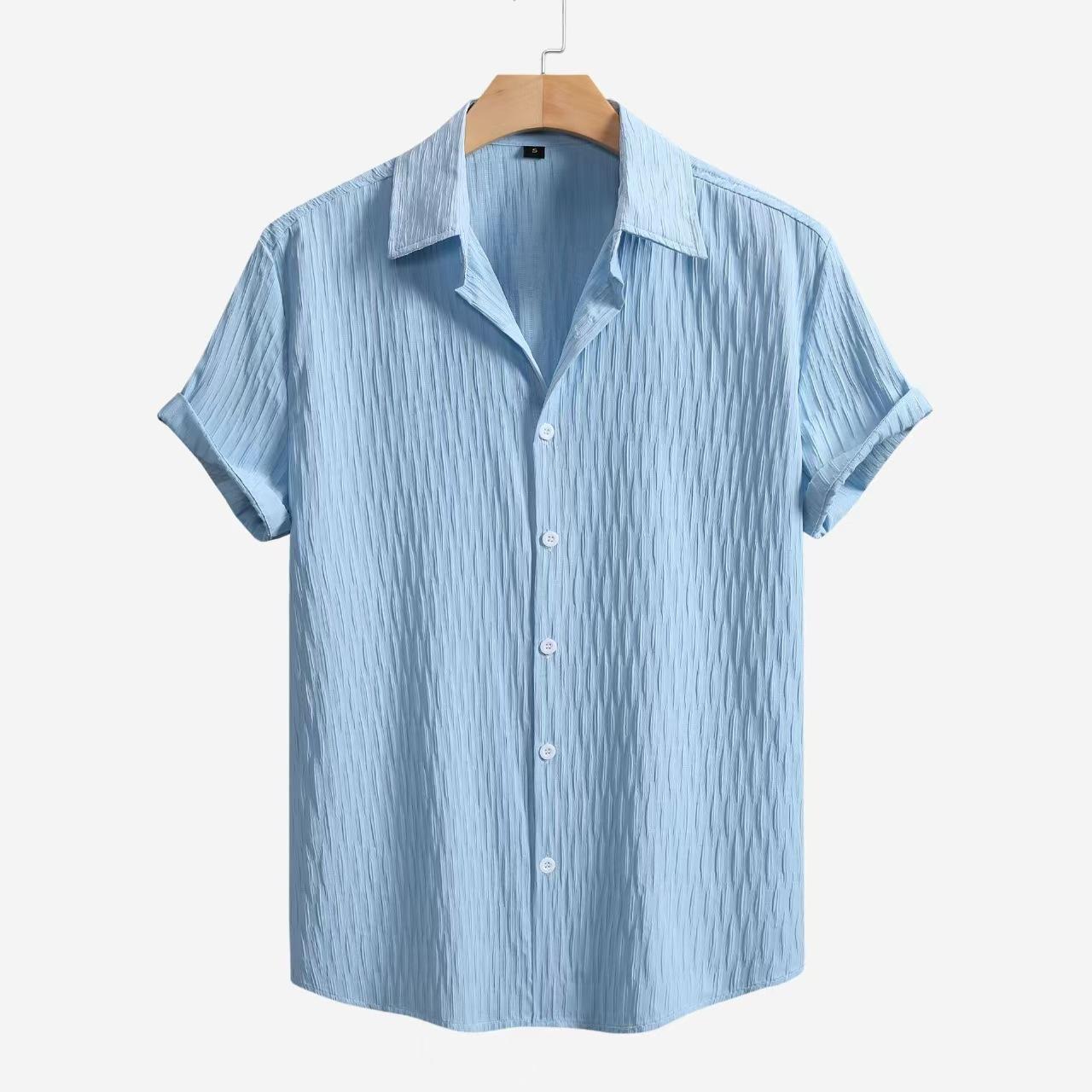 

Spring Summer New Men s Solid Color Short-sleeved Shirt Cardigan Lapel Beach Fashion Shirt Men XXL небо синє кольору