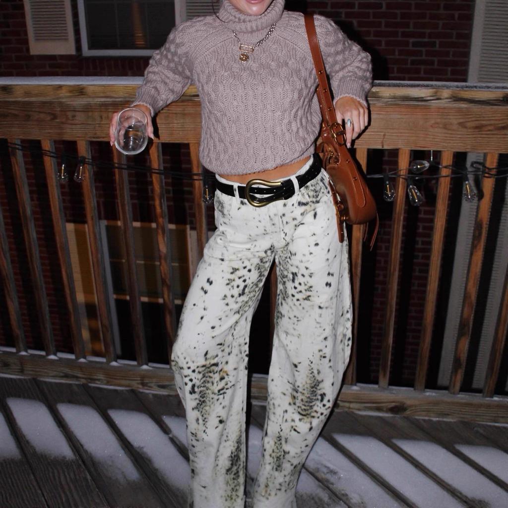 Women Retro Snow Leopard Print Wide Leg Jeans Vintage Mid Waist Loose Non-Stretch Denim Trousers