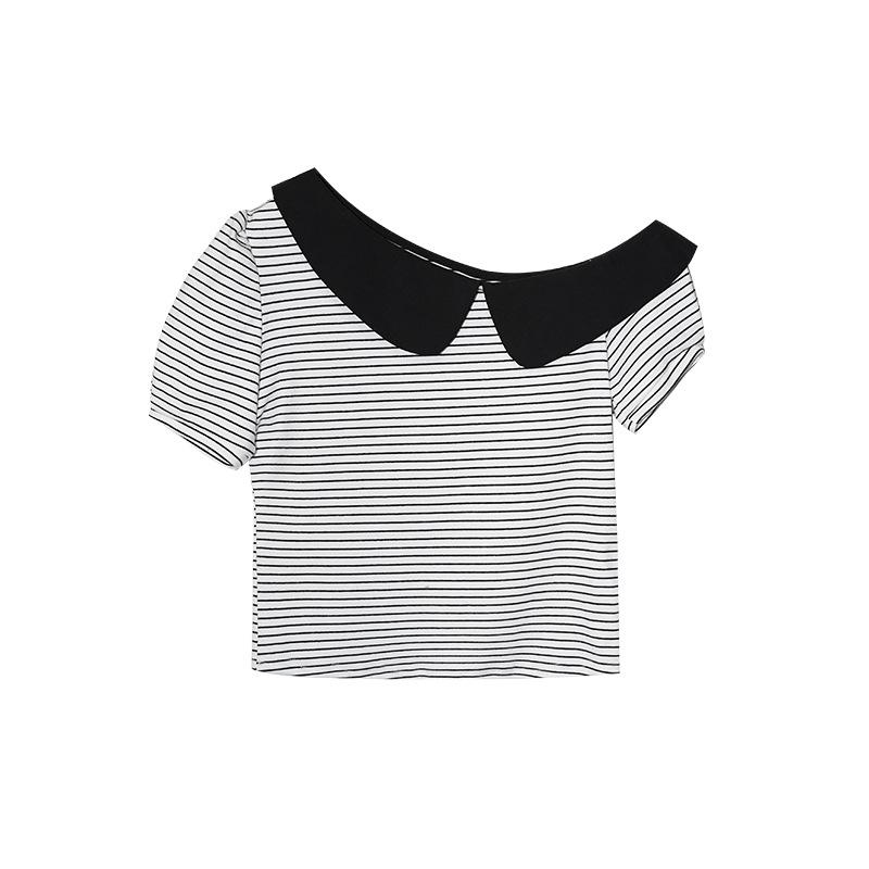 

НОВИНКА 25 Лето Французская Милая Асимметричная Футболка с Открытыми Плечами в Полоску с Цветными Блоками и Короткими Рукавами для Женщин Medium