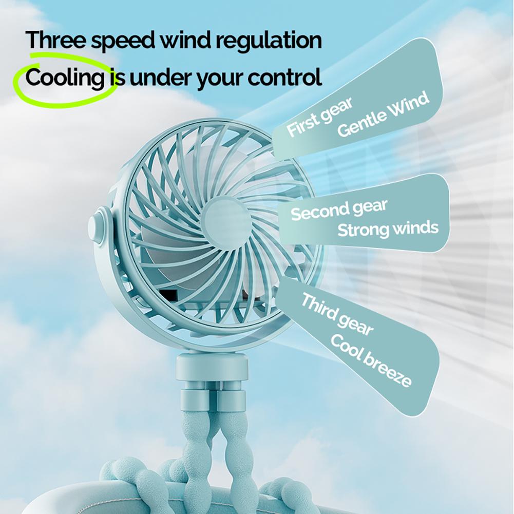 Portable Rechargeable 3-speed Fan Baby Stroller Bed Mute Fan Variable Base Octopus Mini Fan Office Desktop Hands Free Fan