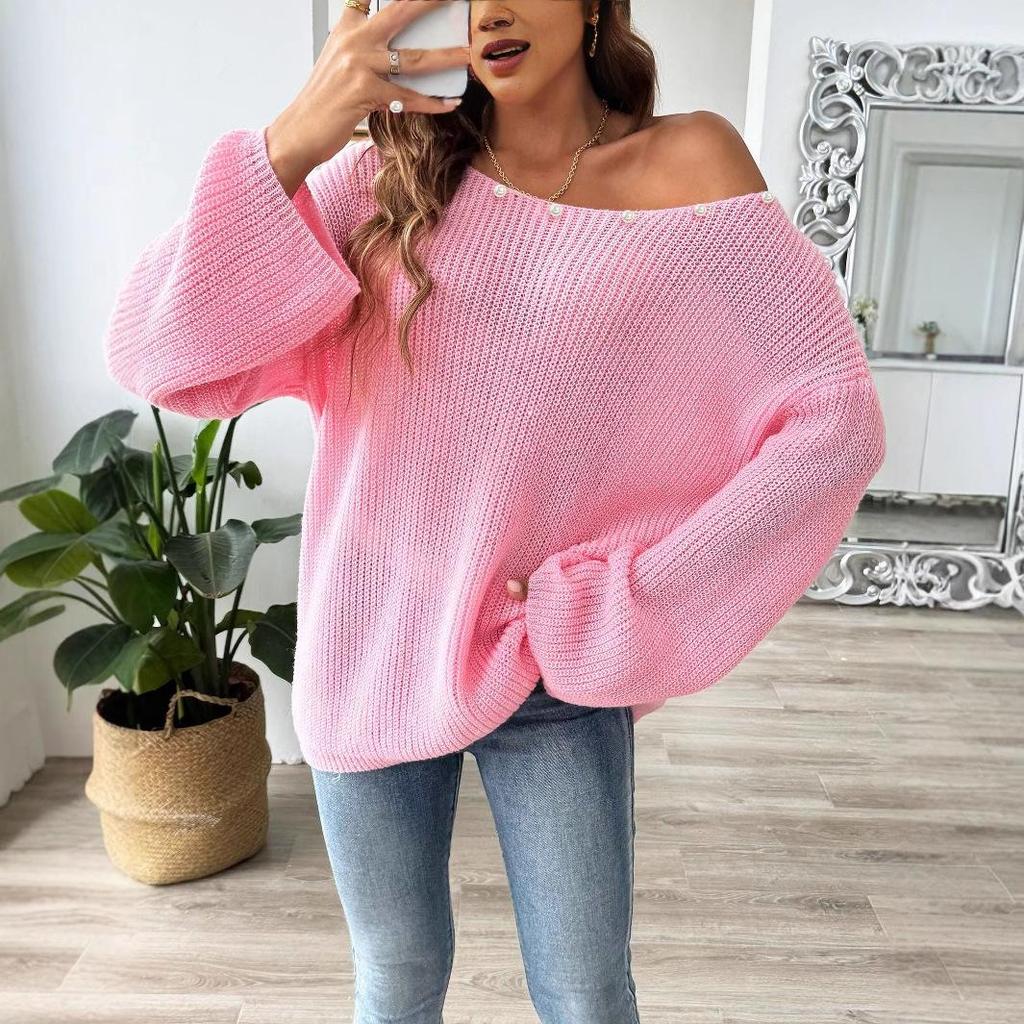 Women's Plus Size Pullover Sweater Beaded Top Simple Loose One Neck Strapless Flared Sleeve Sweater