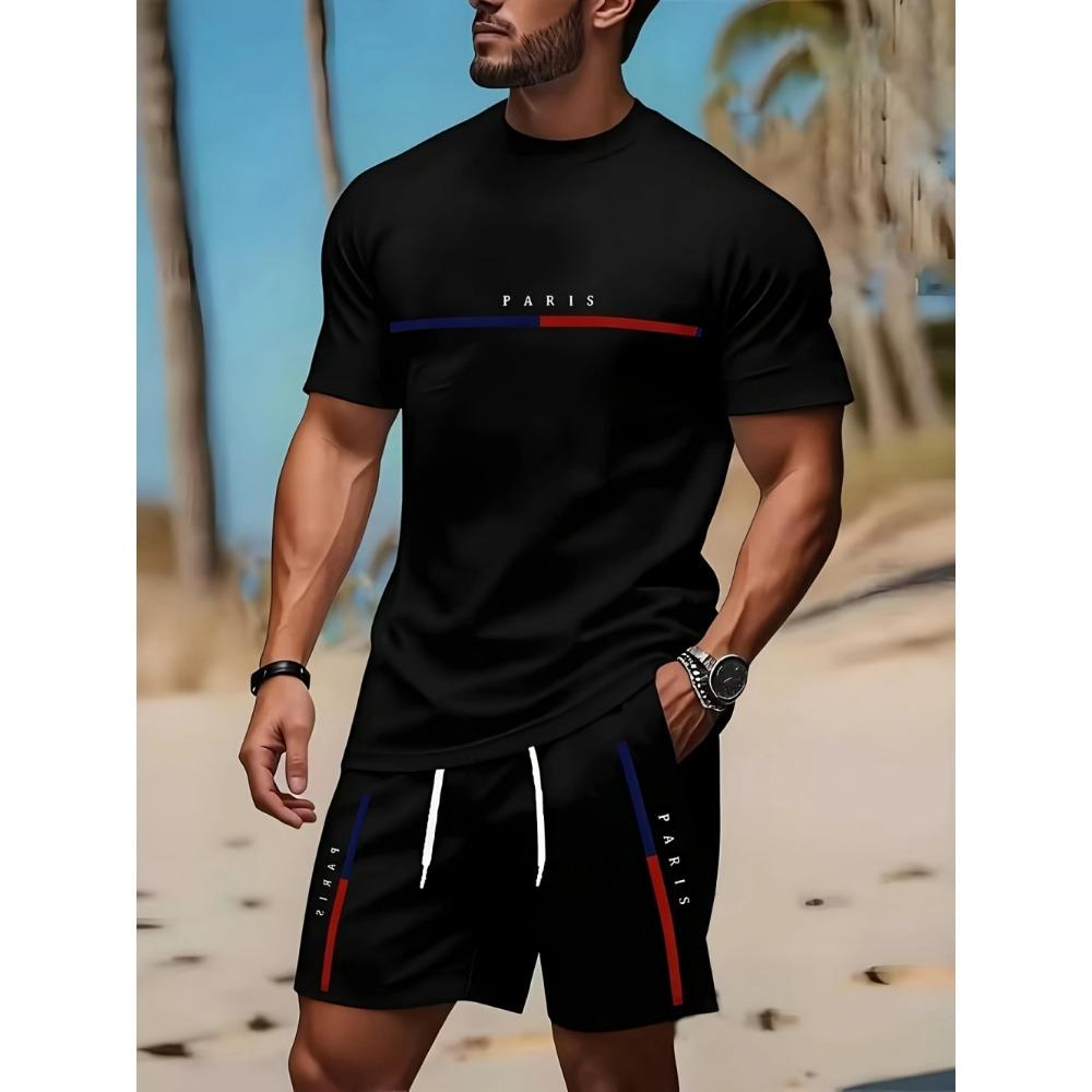 2026 Fashion Simple Solid Color Printed Set Summer Mens Street Harajuku Style Sports Gym Short Sleeve and Short Man 2 Piece Set