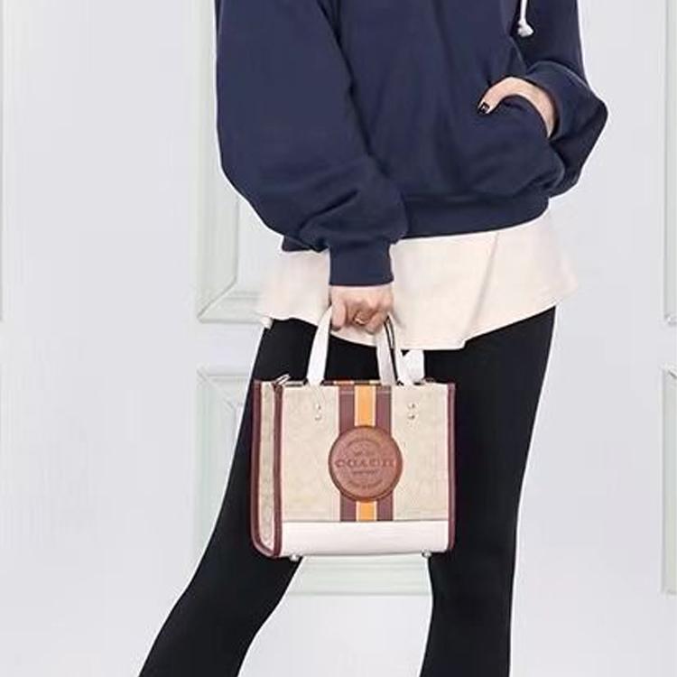 Coach Dempsey 22 Classic Monogram Logo Label Snap Closure Canvas And Leather Tote Bag Women Tote Light-Khaki Burgundy C7083-IMTJ9