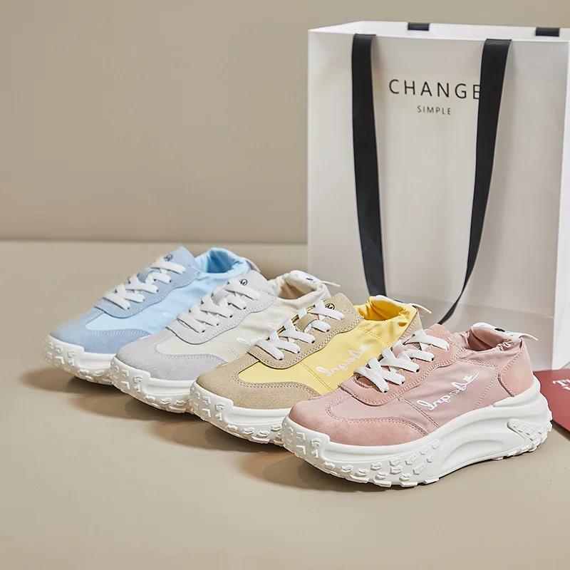 Spring New Women Shoes Chunky Sneakers Girl Fabric Platform Shoes Thick-soled Jogging Shoes
