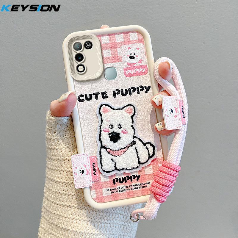KEYSION Cartoon Cute Plush Embroidery Case for Infinix Hot 11 Play with Lanyard PU Leather Shockproof Phone Cover for Infinix Hot 10 9 Play