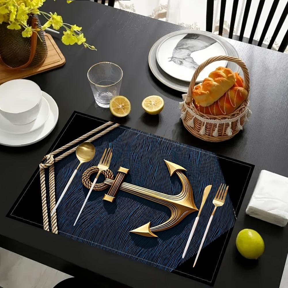 4 Ocean Anchor Pattern Placemats, 100% Rectangular Table Mats, Hand Washed, Size 12x18 Inches, Suitable for Dining, Kitchen, Party and Home Decoration