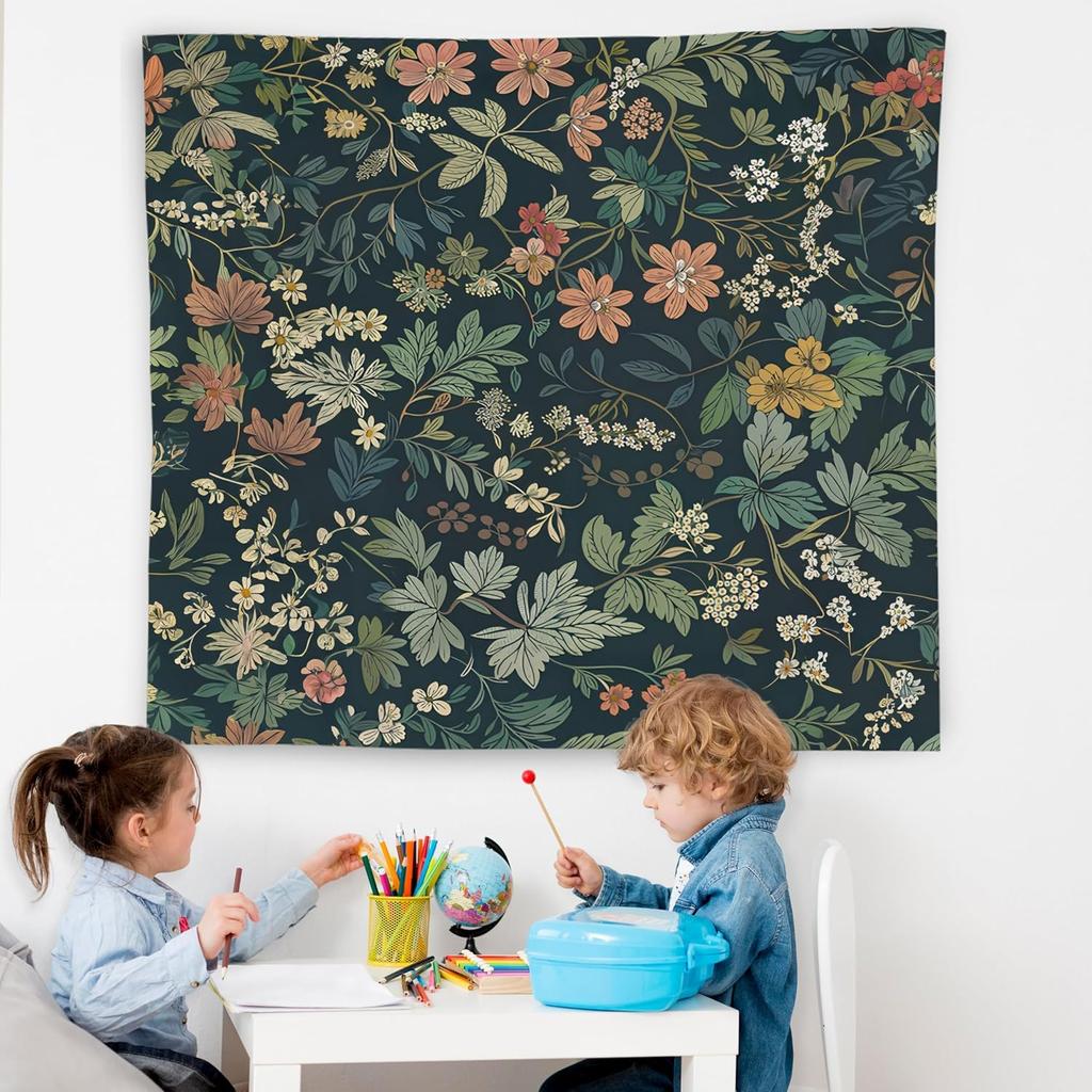 Dark Green Floral Botanical Tapestry Wall Hanging,Cottage Core Decor,Nature Rustic Cottagecore Flower Plants Wall Blanket Decor