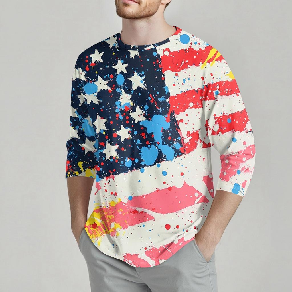 Herrenmode Lässiges T-Shirt mit Unabhängigkeitstag-Print am Hals und sieben Ärmeln