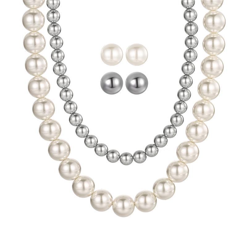 Pearl Set, Necklace, Stud Earrings, Eight-Figure Buckle Stacked, Double Chain Women'S Earrings.