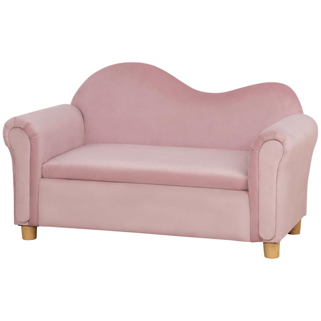 Children's Sofa, Two-Seater for Children 3-5 Years, Storage Space, Natural Wood Frame, 84 x 41.5 x 48.5cm, Pink