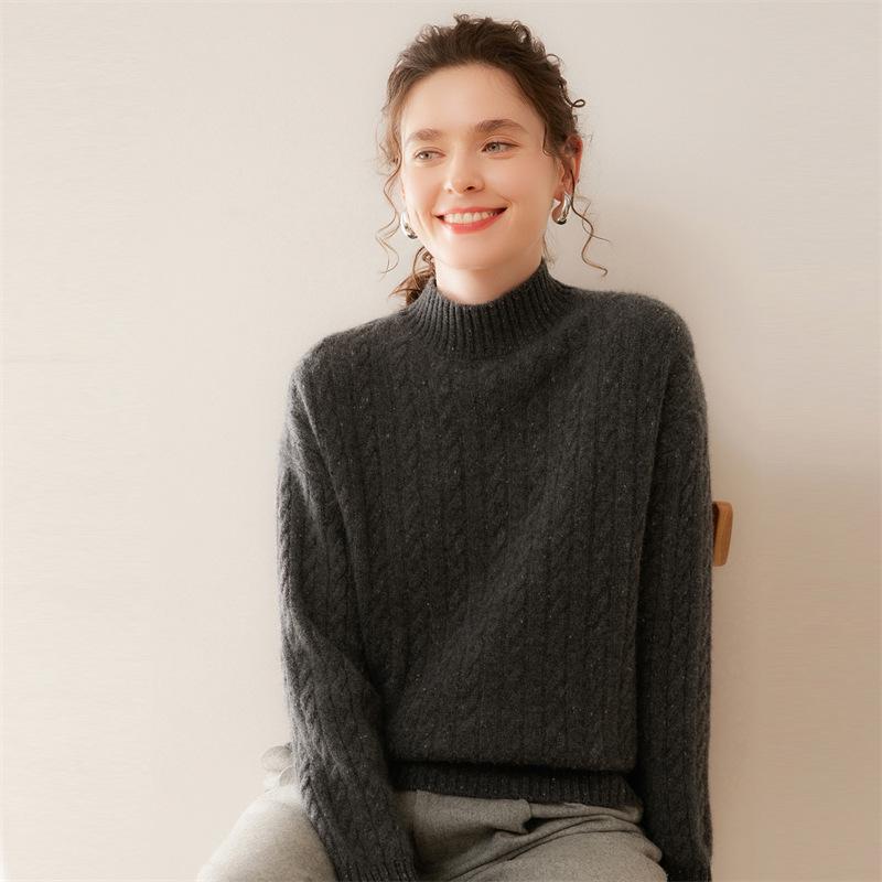Lekasha Women's Cashmere Cable Knit Sweater - Loose Fit & Slimming Base Layer, Half-High Neck, Autumn/Winter.