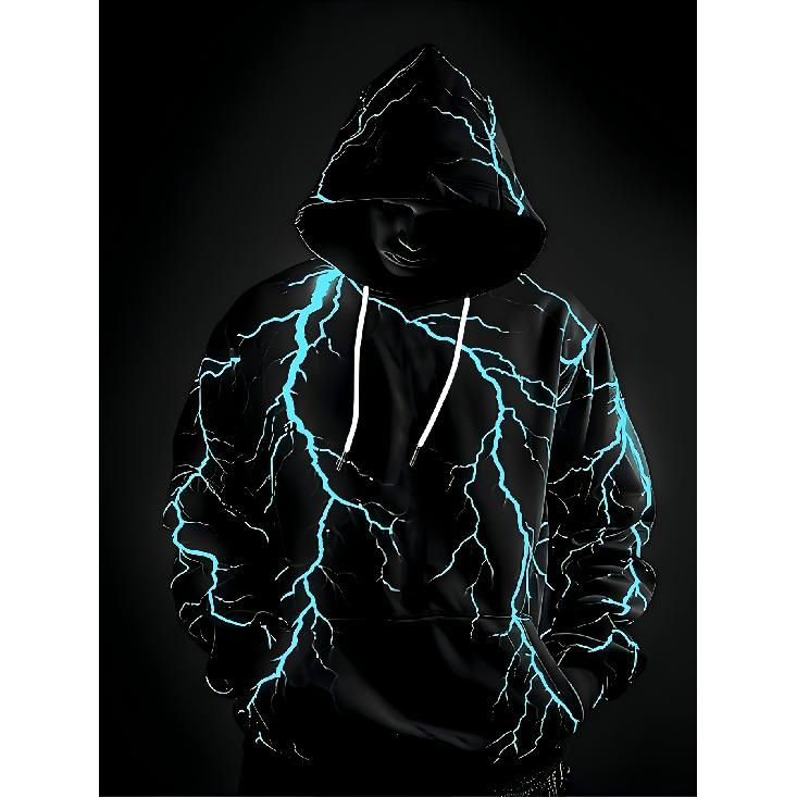 Men 3D Lightning Print Hoodie Casual Sports Knit Sweatshirt With Drawstring Pockets for Spring Autumn Winter