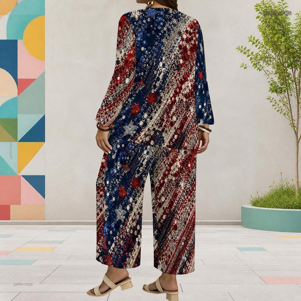 Women Plus Size Round Neck Long Sleeve Printed Top And Wide Leg Pants Two Piece Set