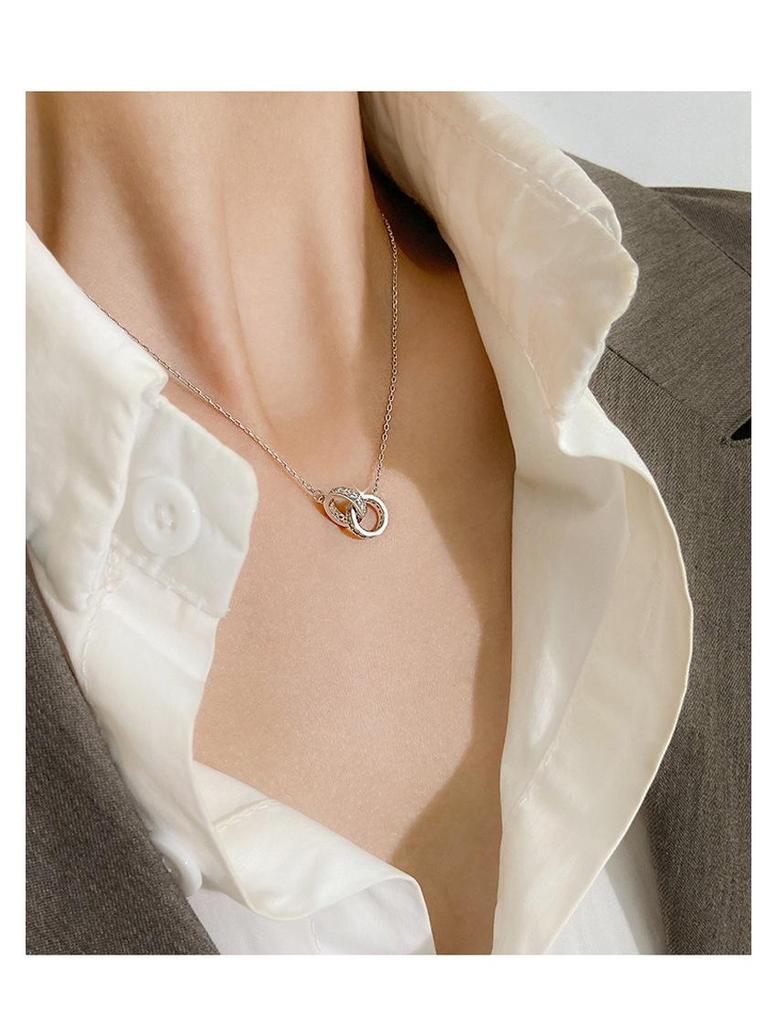 999 Sterling Silver Double Ring Interlocking Necklace - Cold Style Minimalist Double Circle Clavicle Chain for Women