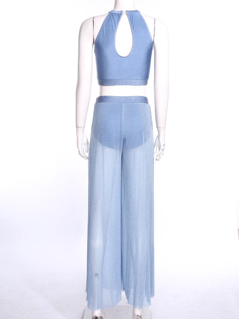 Womens Lyrical Dance Performance Outfit Sequin Hollow-out Tank Crop Top+Built-in Briefs Mesh Pants Modern Contemporary Dancewear