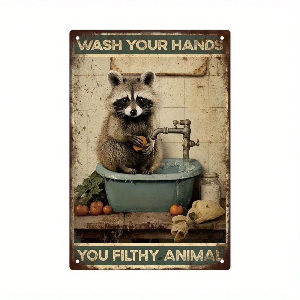

Vintage Raccoon Tin Sign Funny Bathroom Decor 8x12 Inch Rustic Metal Poster Home Bar 20x30