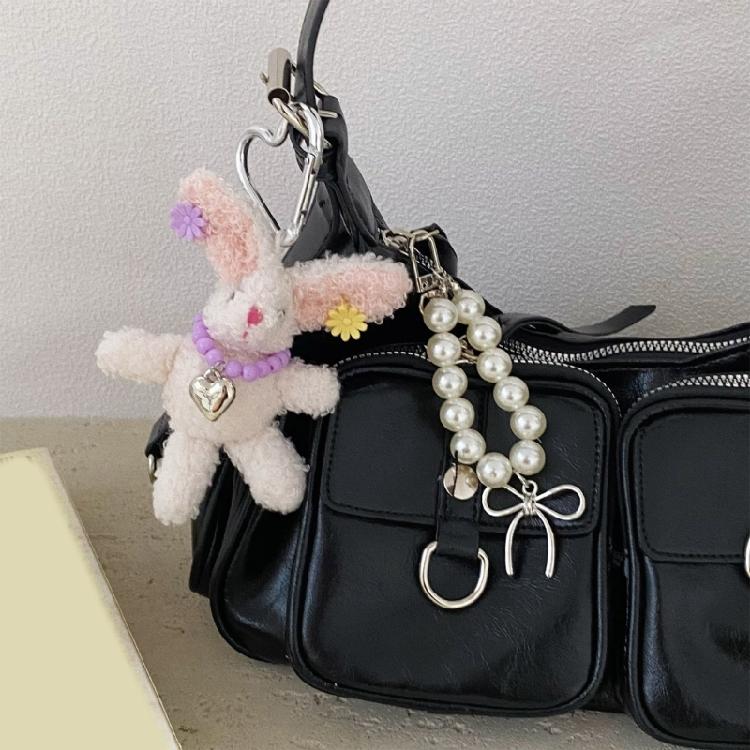 Delicate Rabbit Phone Charm PP Cotton Keychain Pearls Hair Clip Lovely Rabbit Stuffed Keyring Gift For Students
