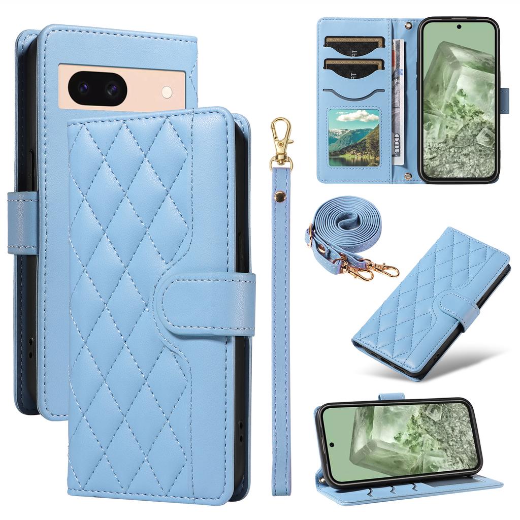For Google Pixel 8a Case Wallet Rhombus Leather Phone Cover with Shoulder Strap,Wrist Strap