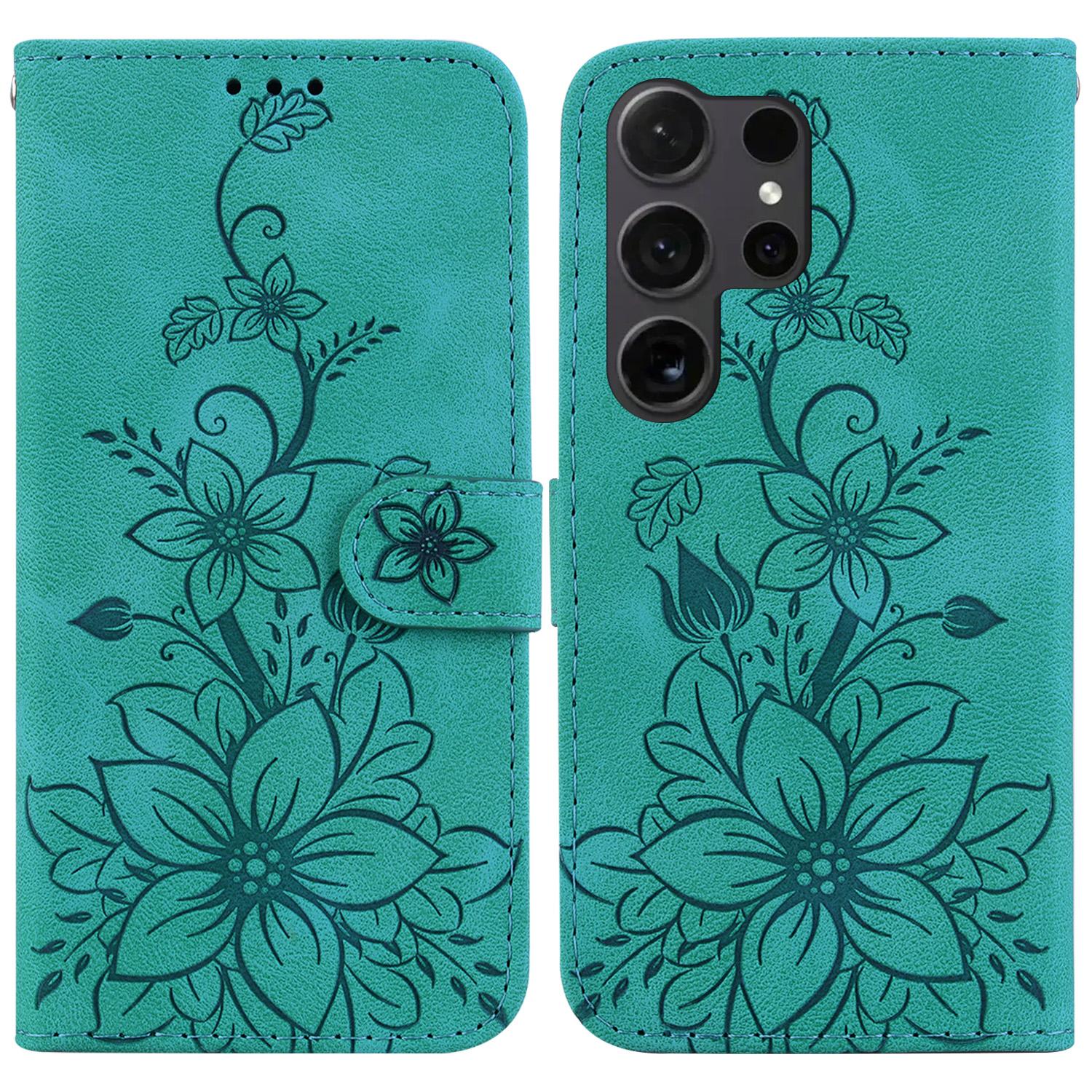 

For Samsung Galaxy S26 Ultra Stand Case Lily Flower Imprint Leather Phone Cover with Wrist Strap