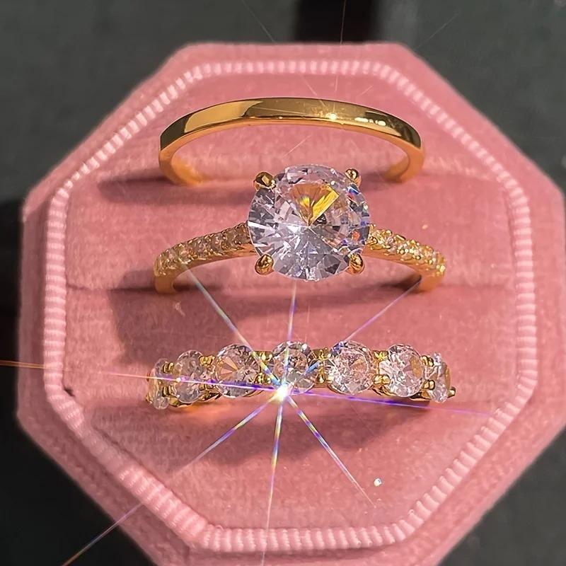 3-Piece Luxury Women's Ring Set with Shiny Round Zirconia for Wedding and Party
