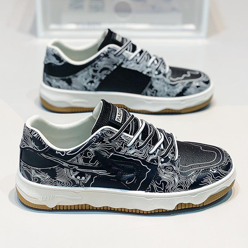 Guochao Design Thick Baseplate Shoes Fashionable Low-Top Leather Surface Breathable Casual Shoes Men'S Shoes