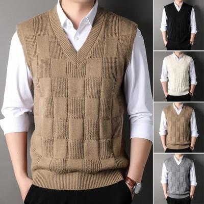 Knitting Vest Sleeveless V-Neck Solid Color Geometric Squares Design Knitting Tops Autumn Winter Casual Knit Tank