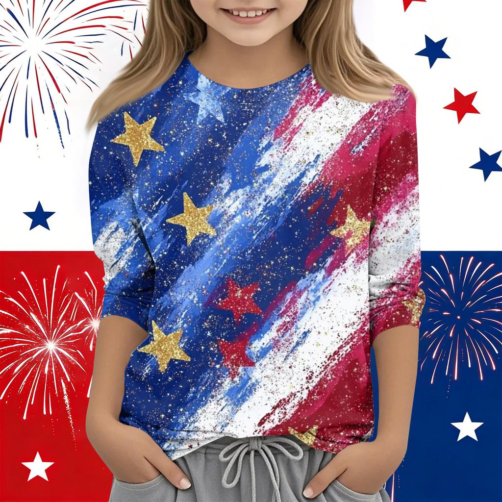 Print Tops For Youth Girls Round Neck 3/4 Sleeves T-Shirts Trendy Tops Outfit Tees Independence Day