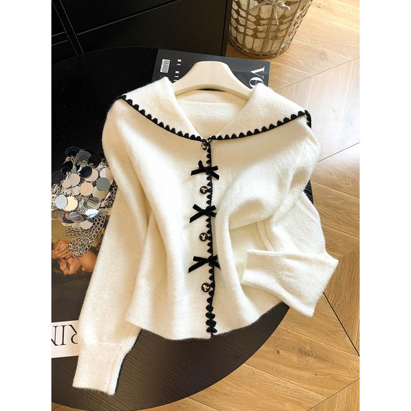 Autumn 2026 Sweet Sailor Collar Knit Cardigan with Bow & Buttons – Fashionable, Versatile, Age-Reducing Sweater