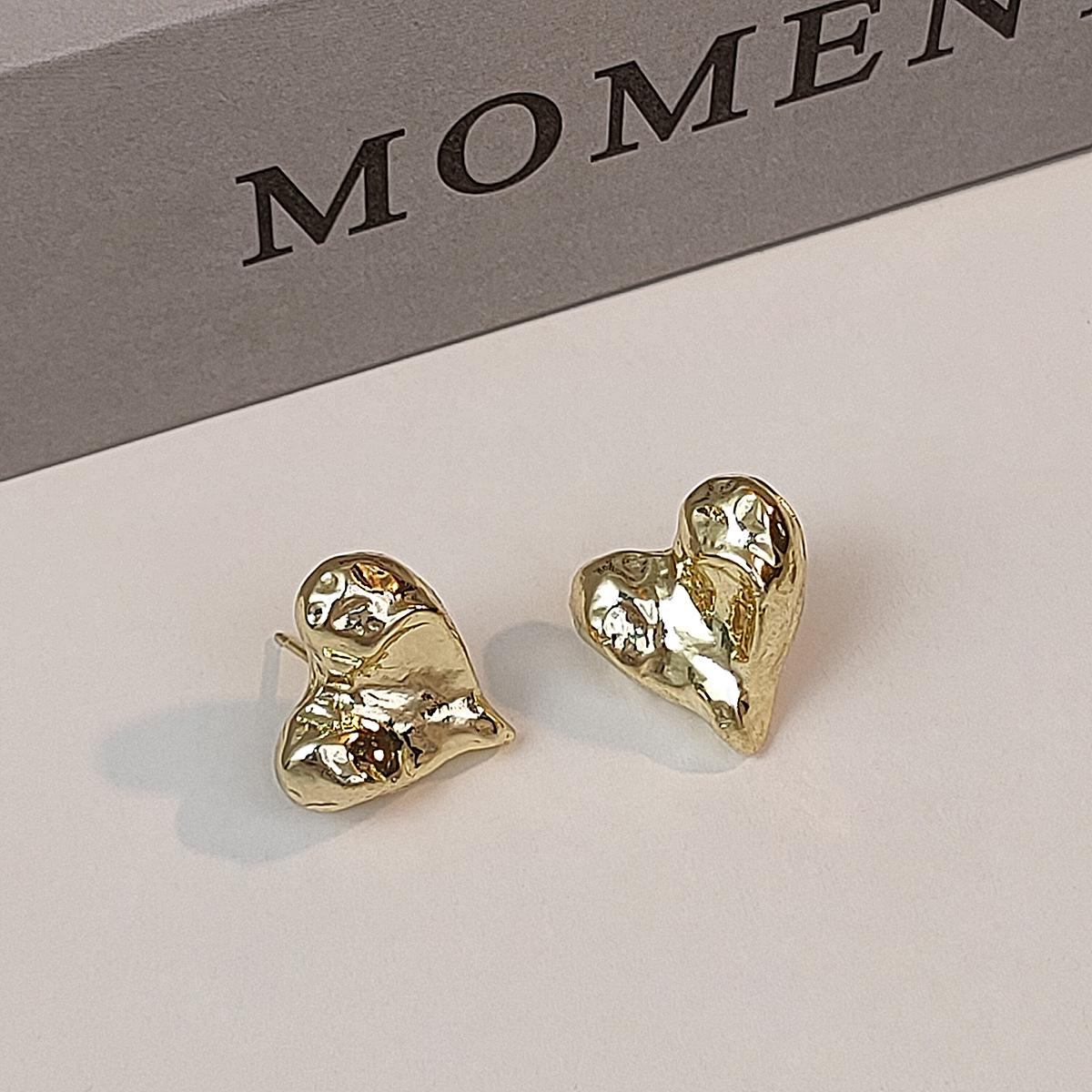 Elegant Korean Brushed Metal Heart Earrings - Versatile, Simple, Irregular Pleated Design for Women.