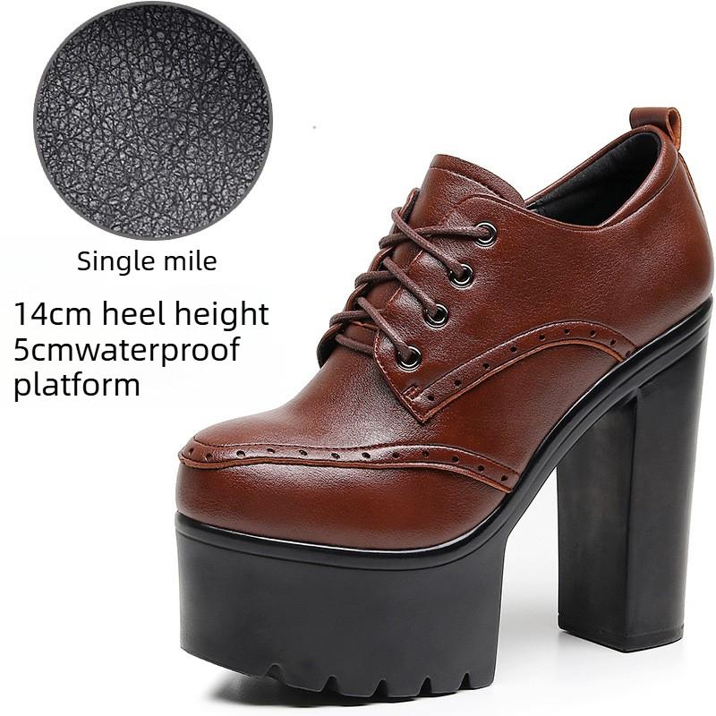 Brogue Damenschnürschuhe im britischen Stil aus Leder mit klobigen Absätzen, High Heels, wasserdichter Plateau-Sohle, runder Spitze, tiefem Ausschnitt