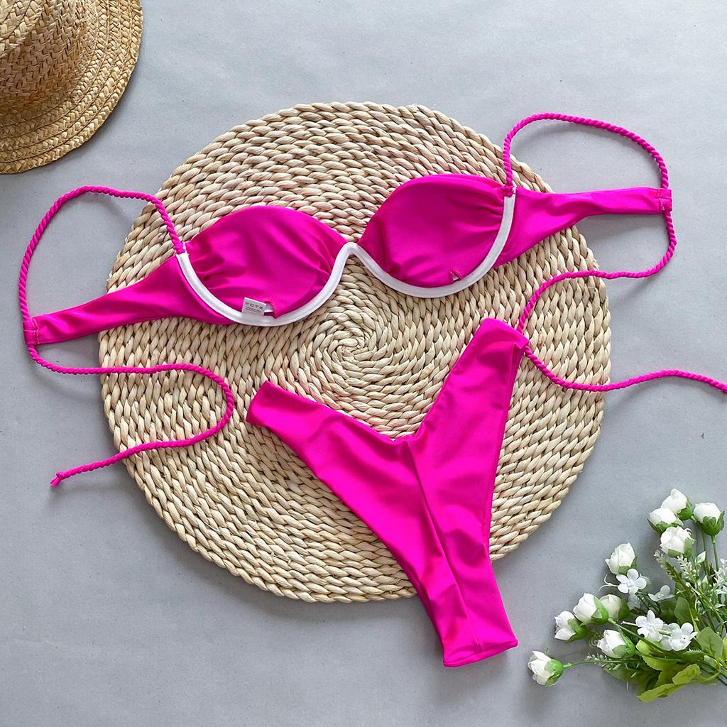 Fashion Solid Wavy Low Waist Bikini Set Women Patchwork Aesthetic Sweet Swimsuit Hollow Out Two Pieces Sets Female Beach Party Suits