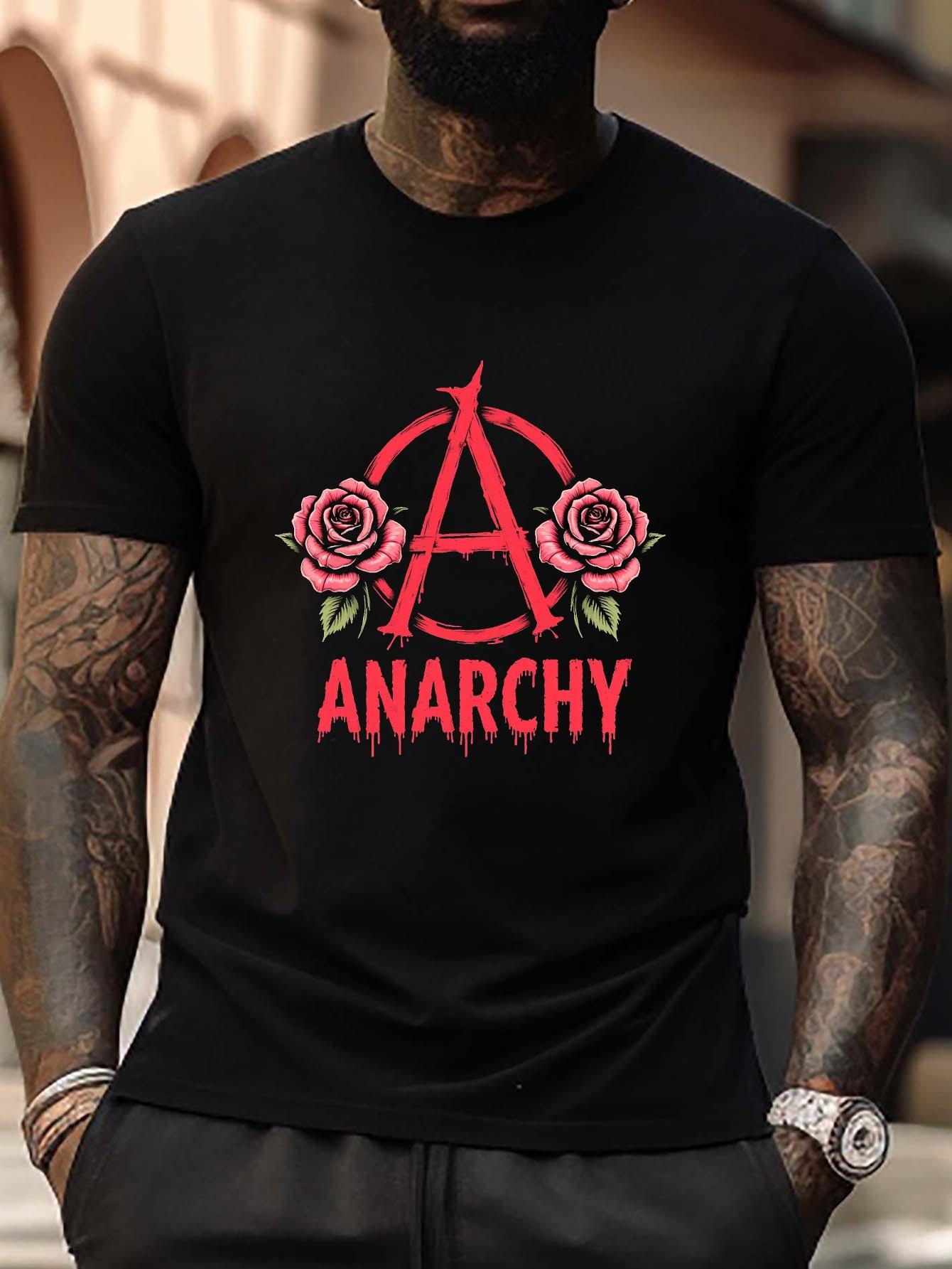 Plus Size T-shirt with Anarchy Symbol & Roses Graphic - Casual Crew Neck L