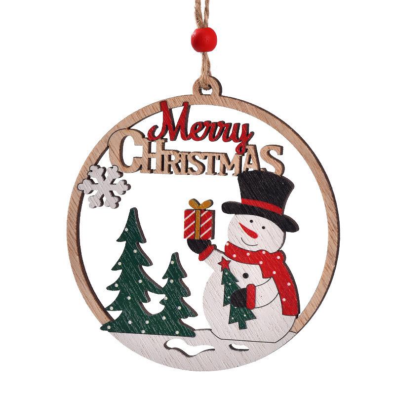 Wooden Christmas Tree Pendant Round Hollow Christmas Ornament Snowman/Santa Claus Elk Hanging Christmas Decoration Farmhouse