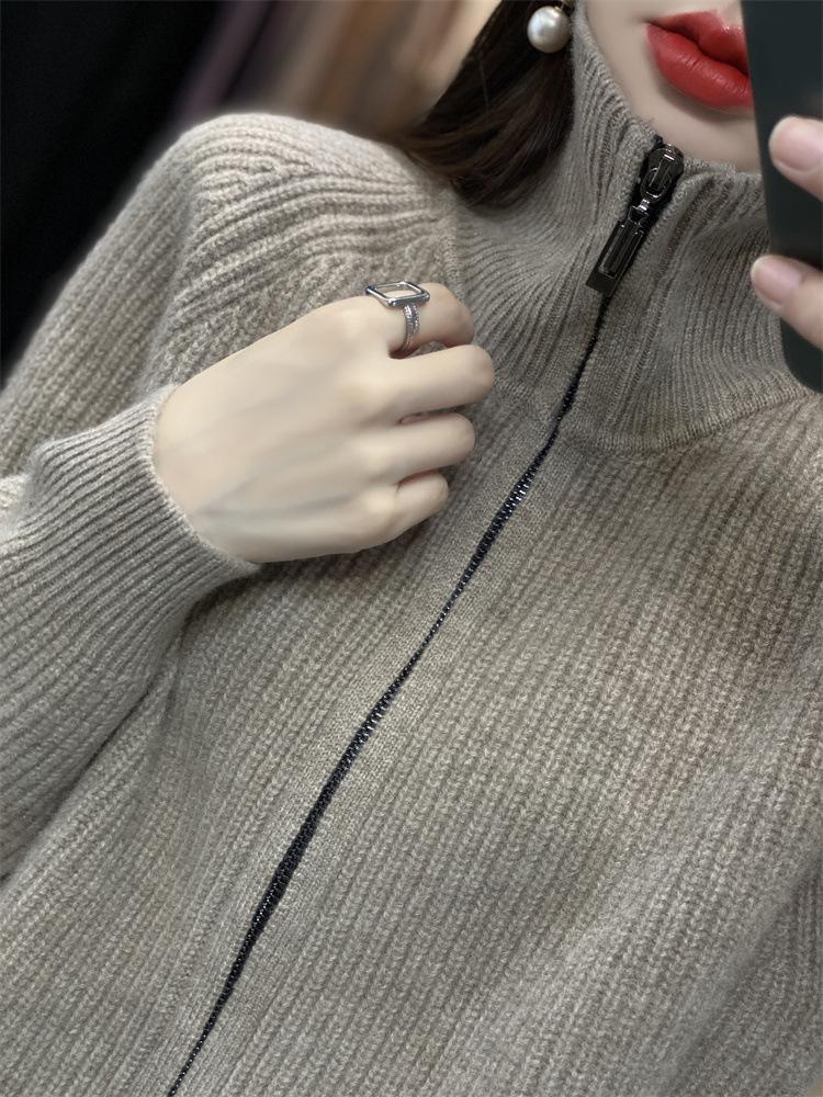 Women's Thick High Neck Zipper Cardigan - Loose Fit, Solid Color Long Sleeve Knit Sweater Coat