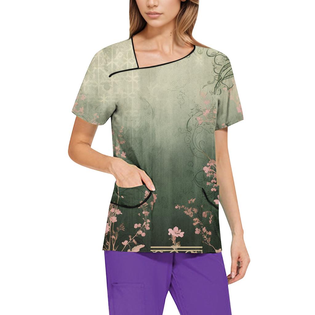 Damen Bedruckte Arbeitskleidung, Schräger Kragen und Doppellagige Taschen, Basic Oberteil Pullover