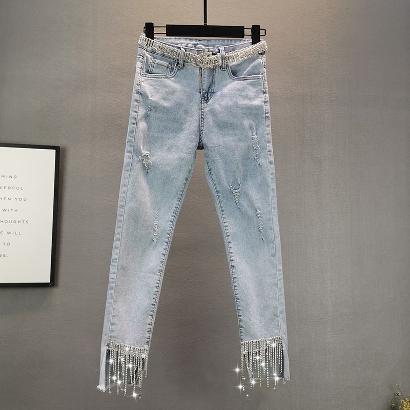 Station Trousers Rhinestone Tasseled Jeans Women's Fashionable 23 Summer Clothes New Arrival High Waist Slimming and Tight Skinny Jeans Cropped Pants