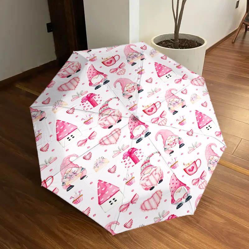 

Adorable Pink Gnome & Heart Print Automatic Opening Folding Umbrella with 8-Bone Iron Frame, Perfect for Fans, Travelers, Daily Use, and Fes