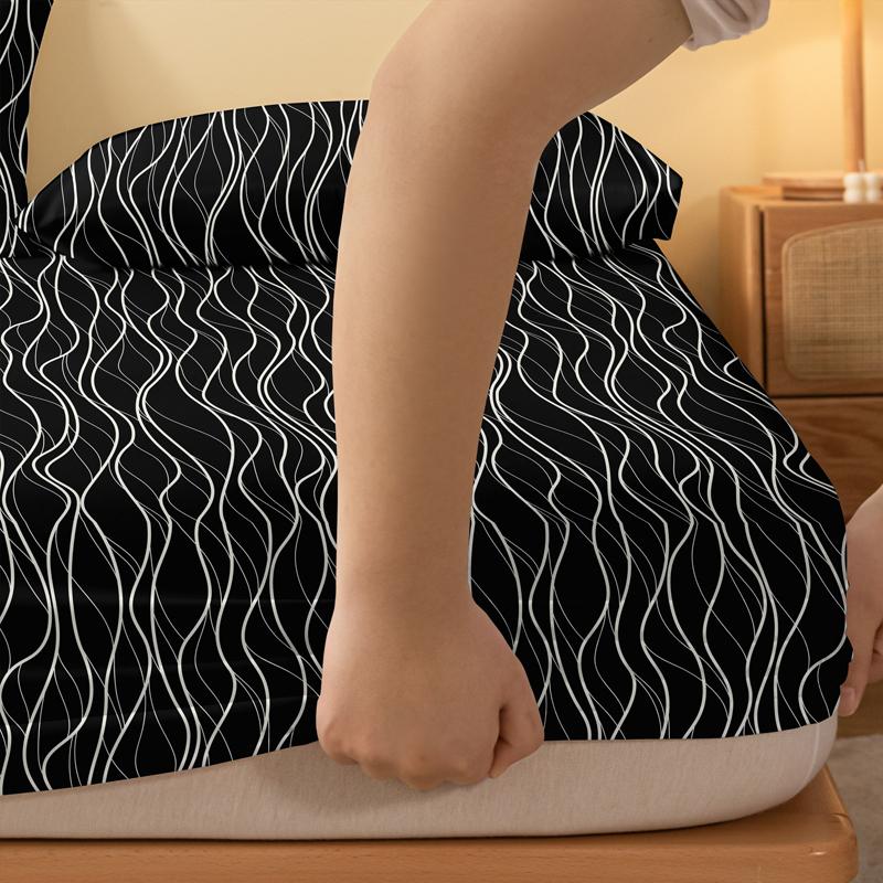 1 Piece Of Black Background White Wave Pattern Matte Bedsheet, Bedroom Printed Bedspread, Bedding (Excluding Pillowcases)