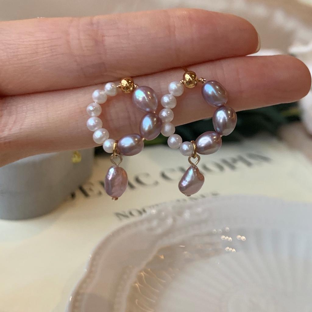Sense of Design Natural Baroque Pearl Purple Silver Stud Earrings French-style versatile and unique asymmetrical design