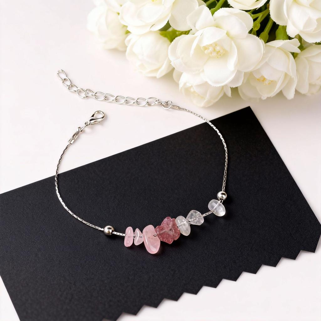Festliche Geschenke Rosenquarz Erdbeerquarz und Klarquarz Splitter Armband Zarter Modeschmuck für Frauen Tägliches Tragen Einfaches Vielseitiges Accessoire