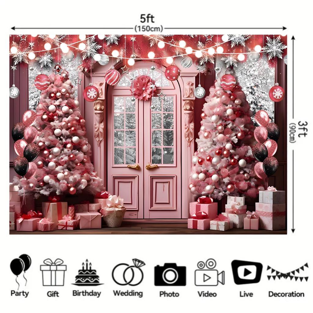 Pink Christmas Trees Balloons Snowflake Decoration Background Winter Photography Backdrop Decorations For Photo Studio Photo Booth Christams Party