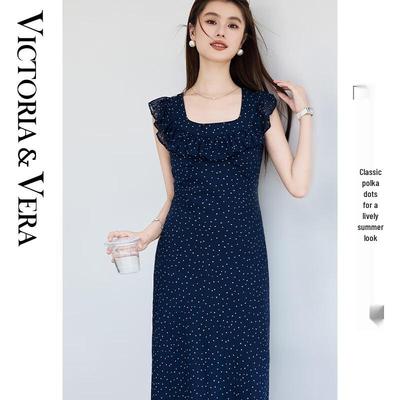 Women's French Polka Dot Ruffle Midi Dress