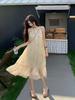 French Elegant Neck Dress Women's Summer New Retro Loose Floral Printing Temperament Medium and Long Skirt Chic