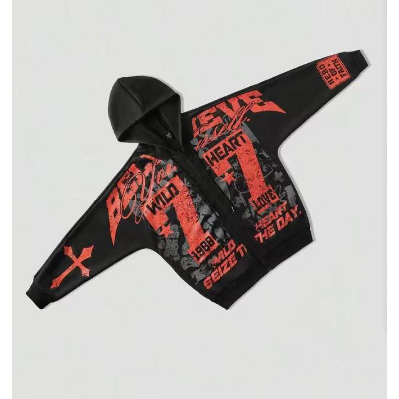 Oversized Hooded Zip-Up Sweatshirt With 3D Cross Letter Print Streetwear Unisex Casual Top