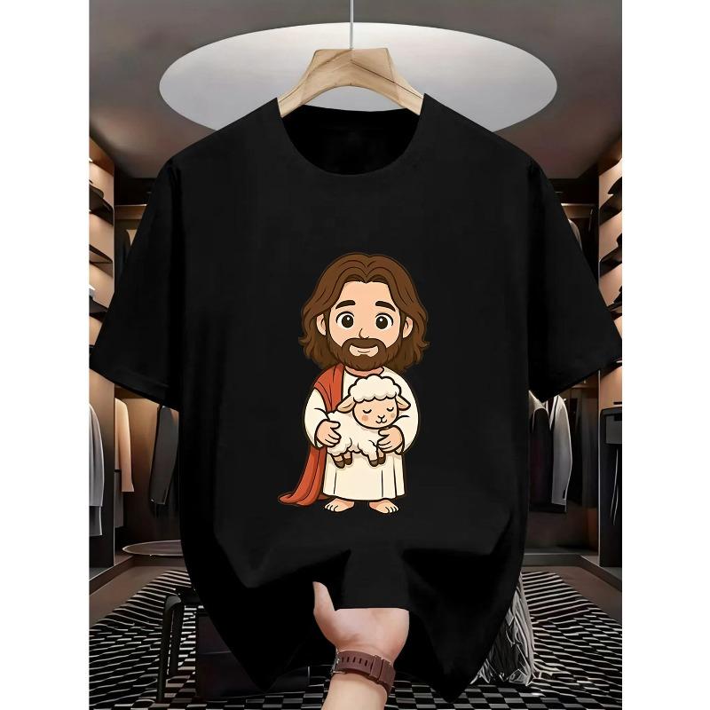 European sizes Cute Sheep Cartoon Character Print Pattern, Comfortable for Outdoor Sports and Indoor Daily Casual Wear, Boys' Fashion T-Shirt