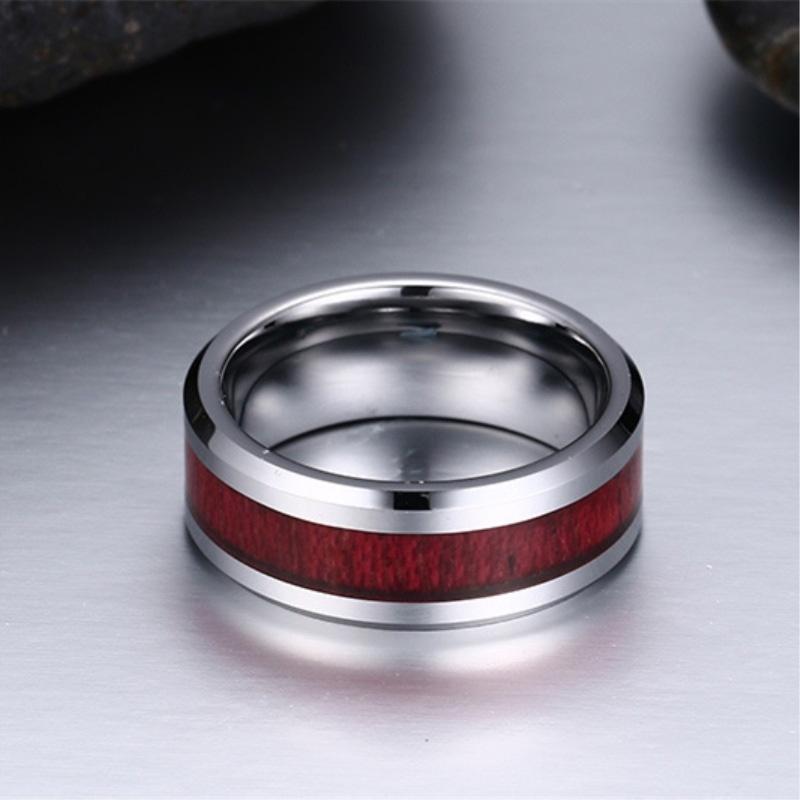 Fashion Couple Rings Women Heart White Crystal CZ Rings Set Men's Red Wood Inlay Stainless Steel Ring Wedding Band