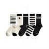 Crew Slouch Socks for Women Black White Stripe Embroidery Breathable Double Needle Cotton Spring Summer Autumn Casual Socks