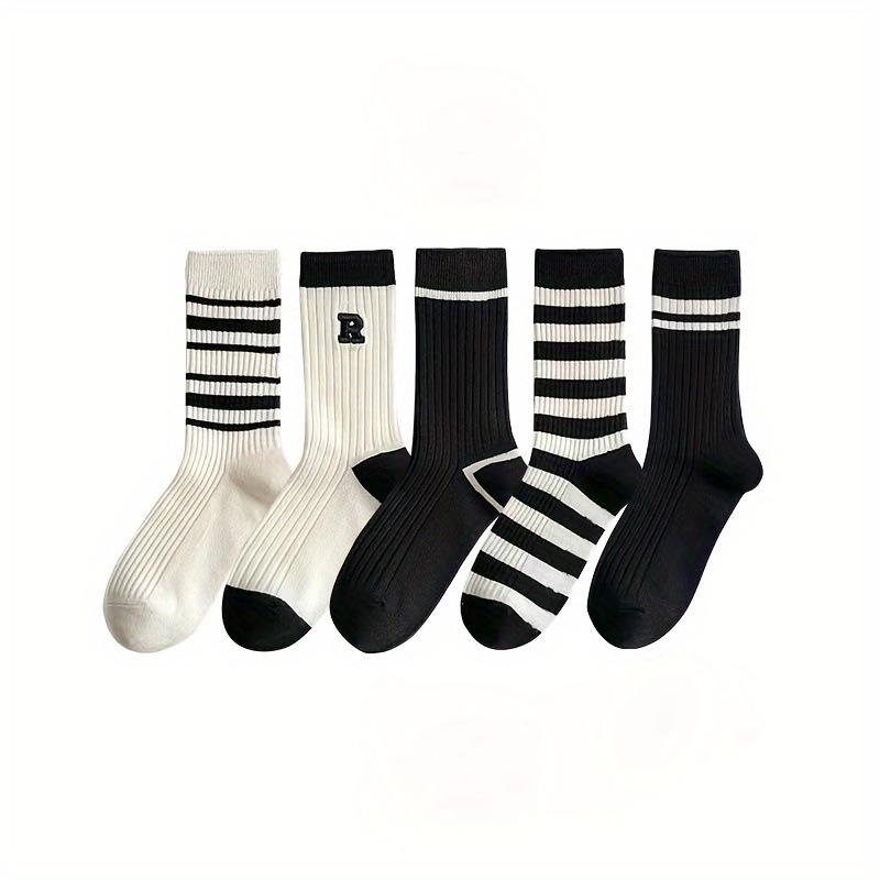 Crew Slouch Socks for Women Black White Stripe Embroidery Breathable Double Needle Cotton Spring Summer Autumn Casual Socks