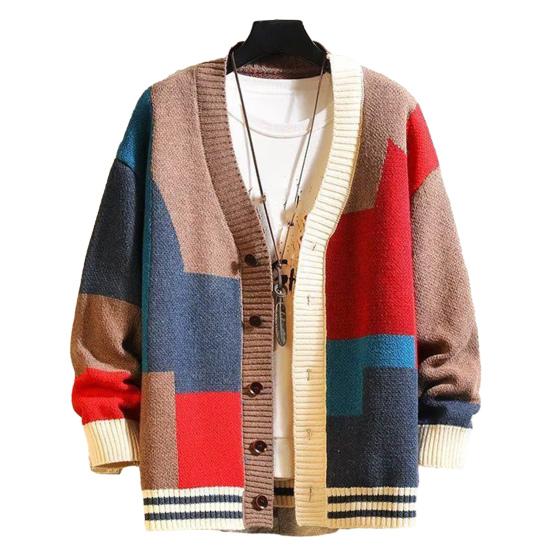 Мужской осенне-зимний свитер-пальто кардиган вязаный плотный colorblock с длинным рукавом однобортный M красный