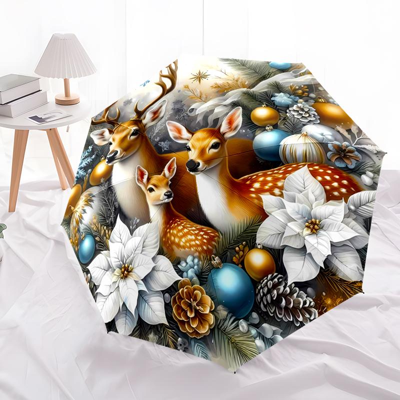 Christmas Reindeer Folding Umbrella-Fashionable Auto-Open Design 8 Iron Ribs Plastic Handle Foldable Sunshade,Perfect Gifts